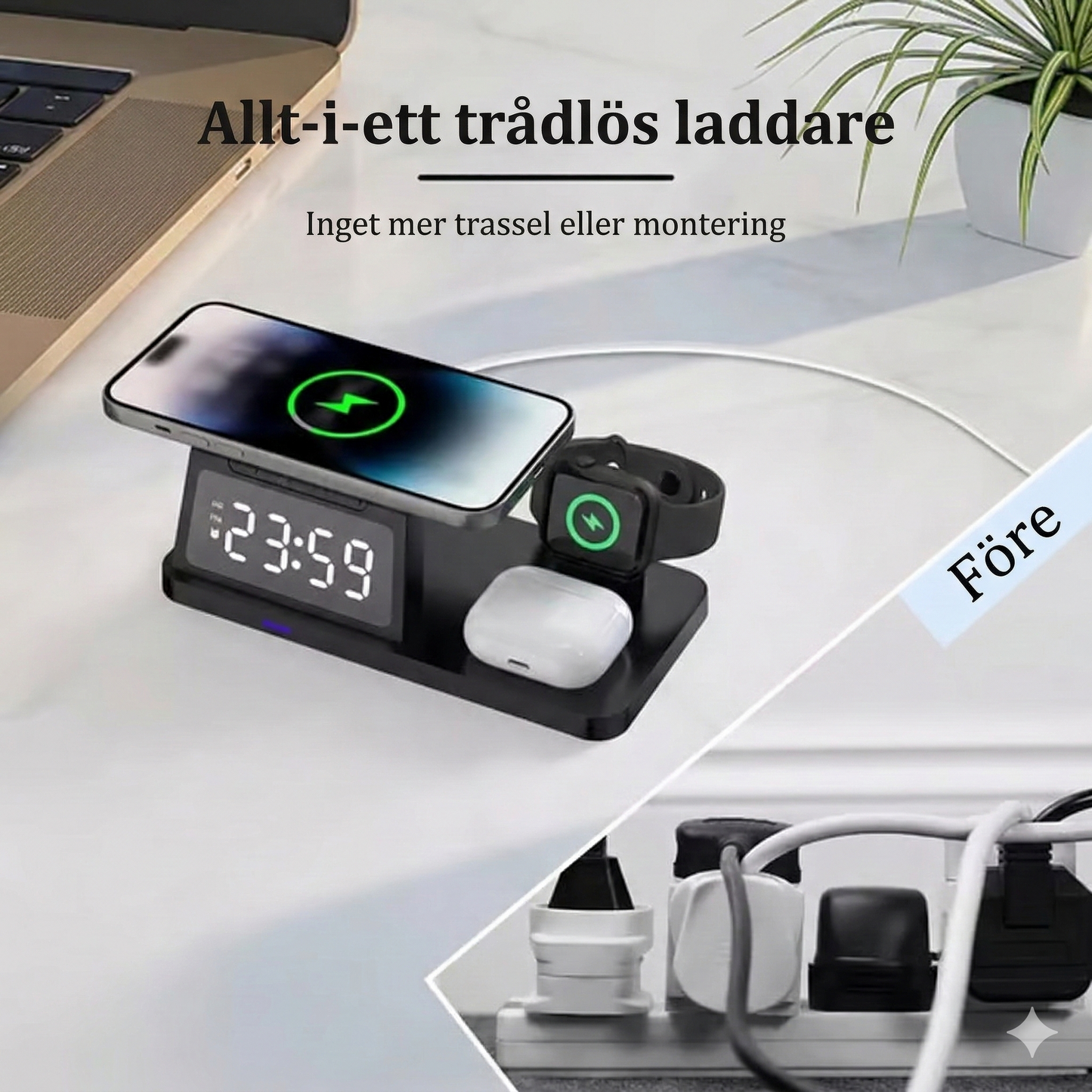 4-i-1 trådlös laddningsstation med digital klocka och touch-ljus