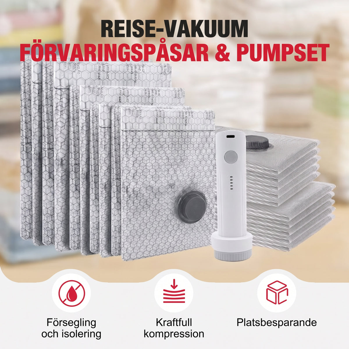 Praktiskt resevakuumset med flera påsstorlekar och sladdlös pump för resväskan