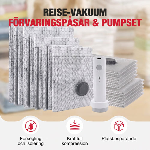 Praktiskt resevakuumset med flera påsstorlekar och sladdlös pump för resväskan
