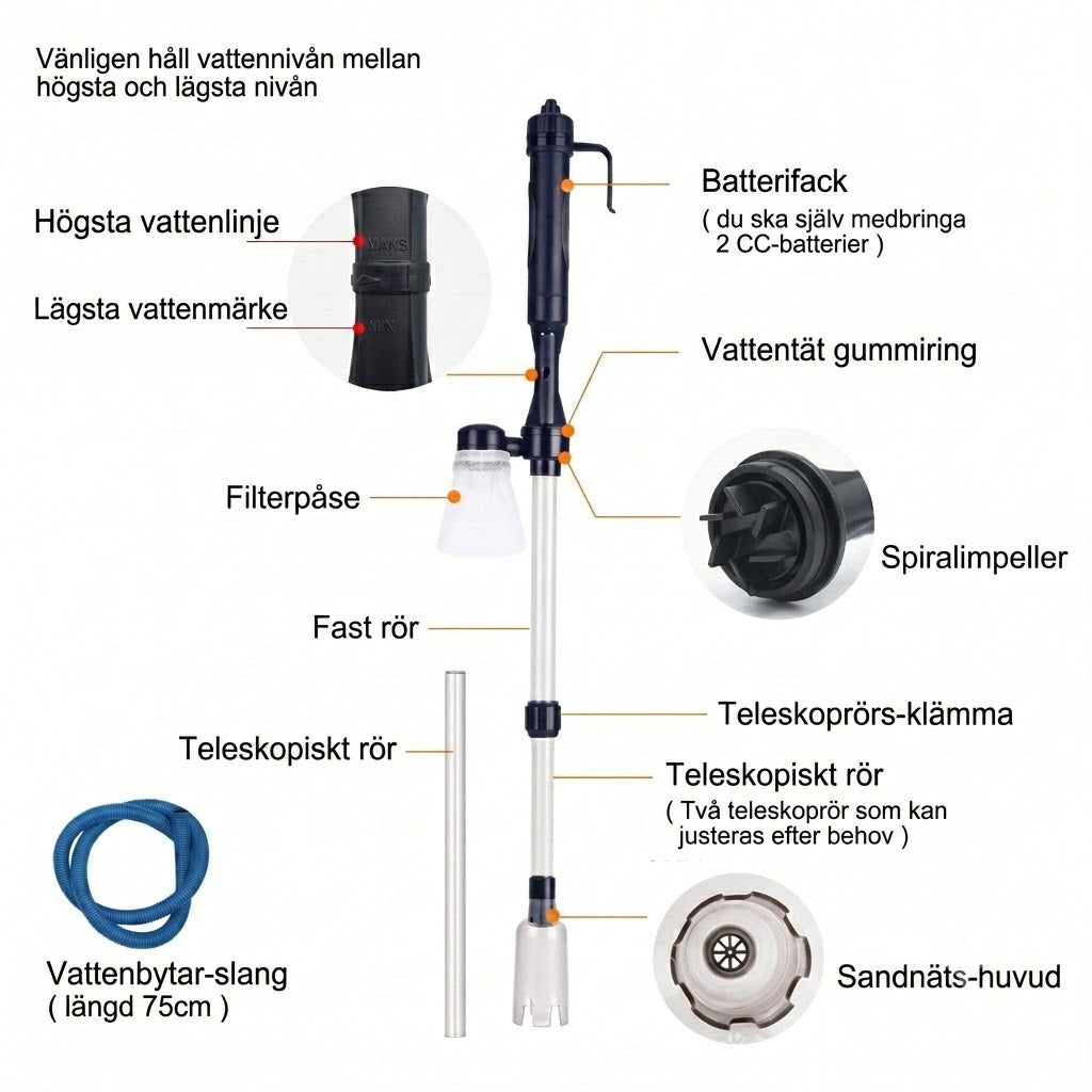 Elektrisk Akvariedammsugare & Slamhävert – Batteridriven Grusrengöring