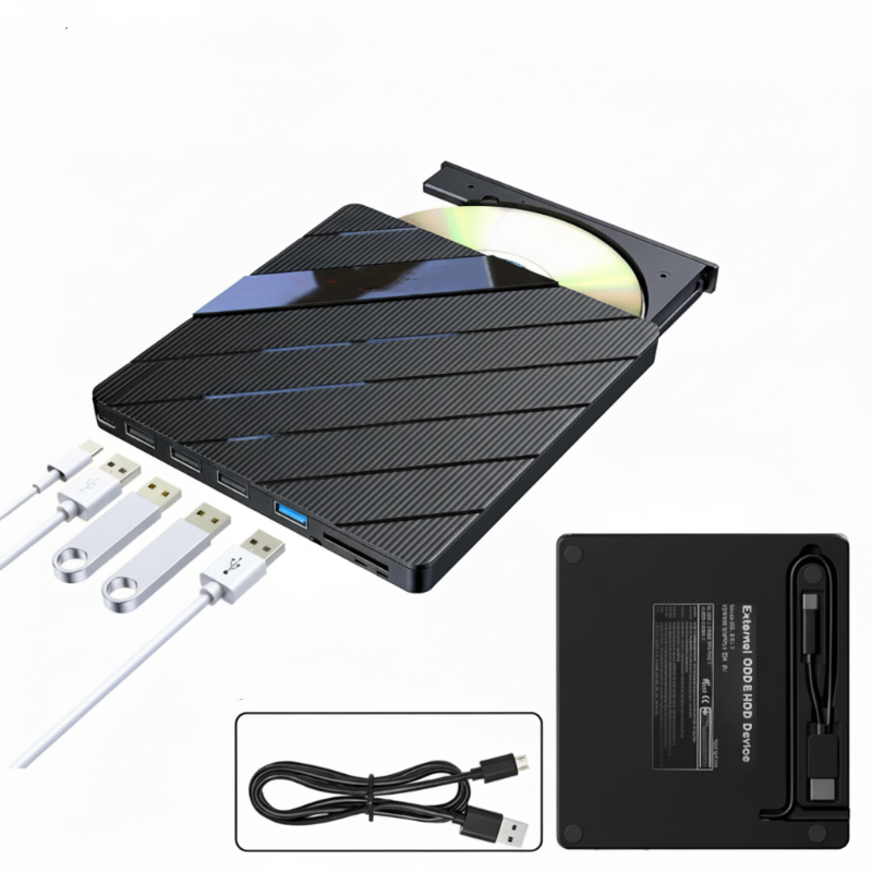 Extern CD/DVD-läsare med USB-hubb & RGB-belysning – Slimmad & Bärbar