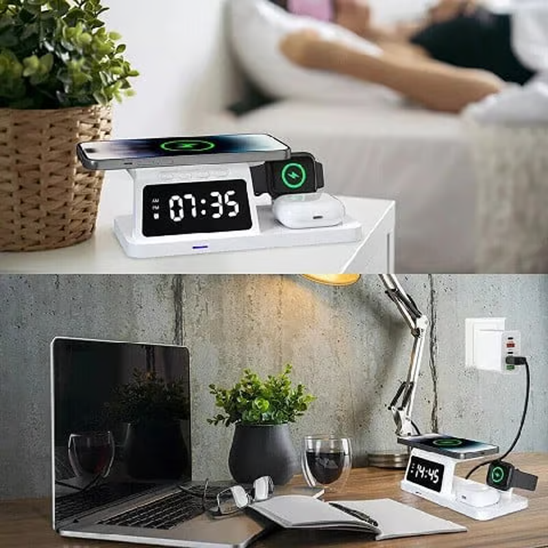 4-i-1 trådlös laddningsstation med digital klocka och touch-ljus